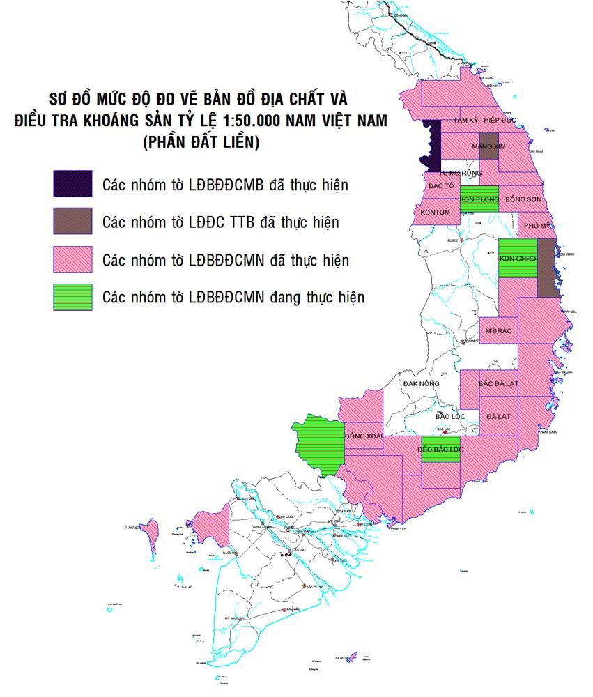 Sơ đồ mức độ đo vẽ Bản đồ địa chất điều tra khoáng sản tỷ lệ 1/50.000 miền Nam Việt Nam (phần đất liền)